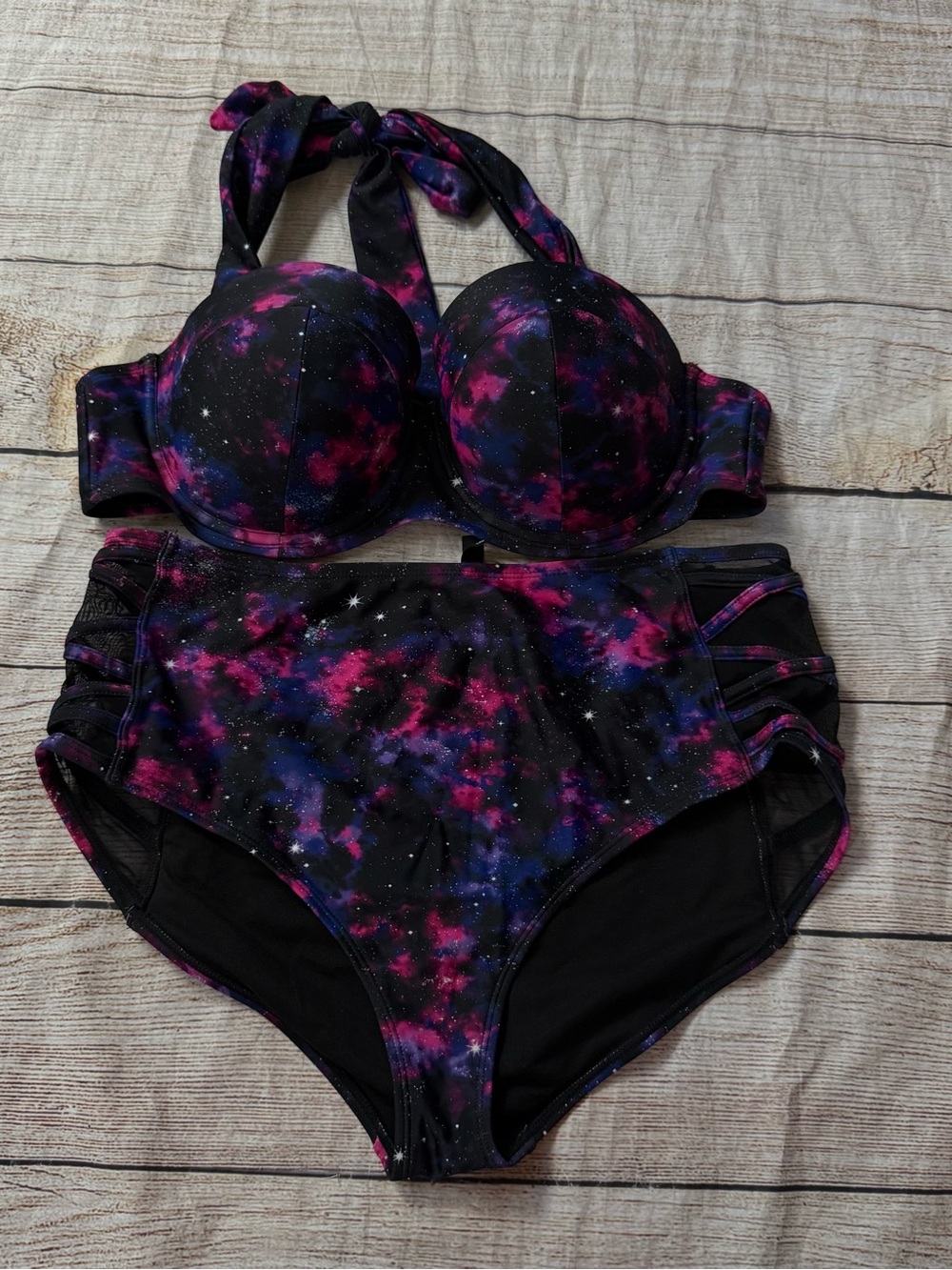 Hot Topic Black Pink Purple Galaxy Halter Swim Top + Bottom